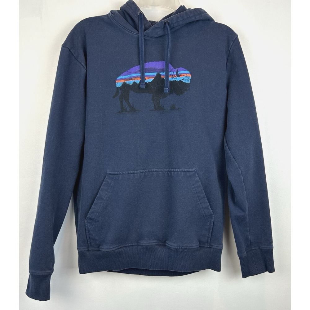 Patagonia Hoodie Mens Small Fitz Roy Bison Uprisal Blue Recycled Buffalo Bison